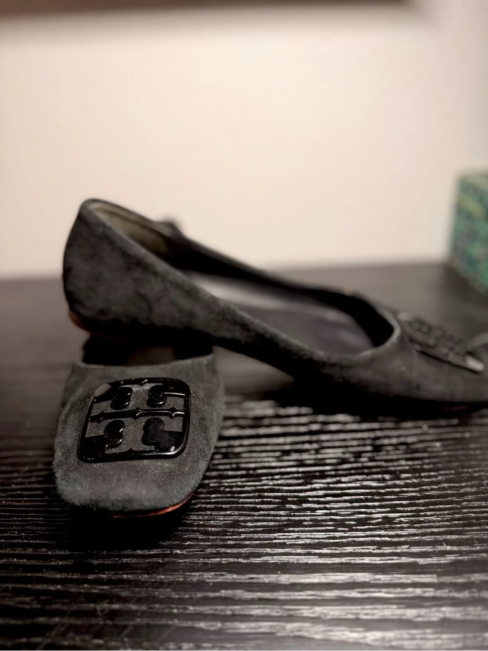 Tory Burch Black Suede Logo Plaque Ballet Flats